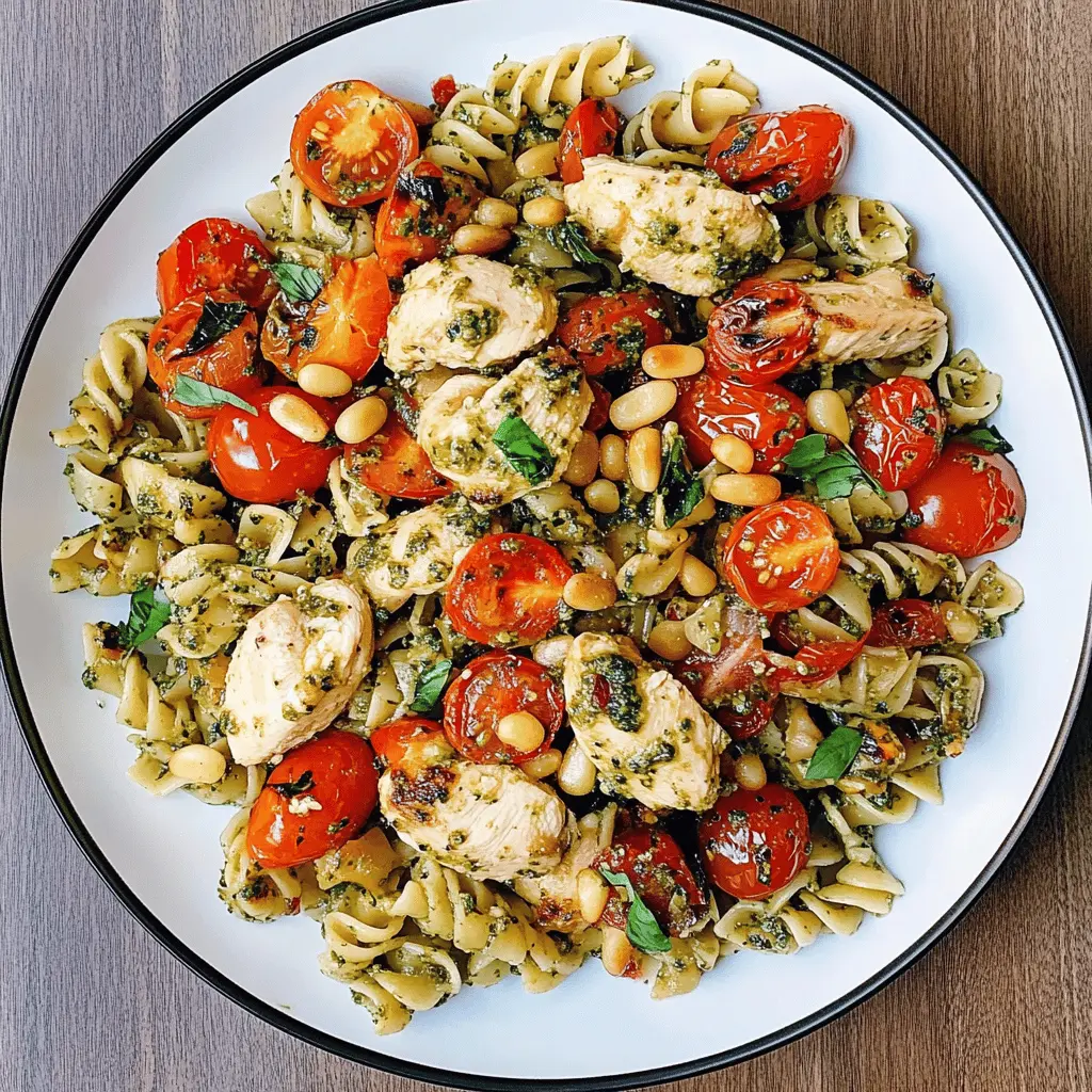 This Chicken Pesto Pasta is a quick, delicious meal packed with flavor! Featuring tender chicken, fresh tomatoes, and crunchy pine nuts combined with a vibrant basil pesto, this dish is perfect for weeknight dinners or lunch prep. Save this recipe for an easy, satisfying meal your family will love! Perfect for summer gatherings or cozy dinners at home.