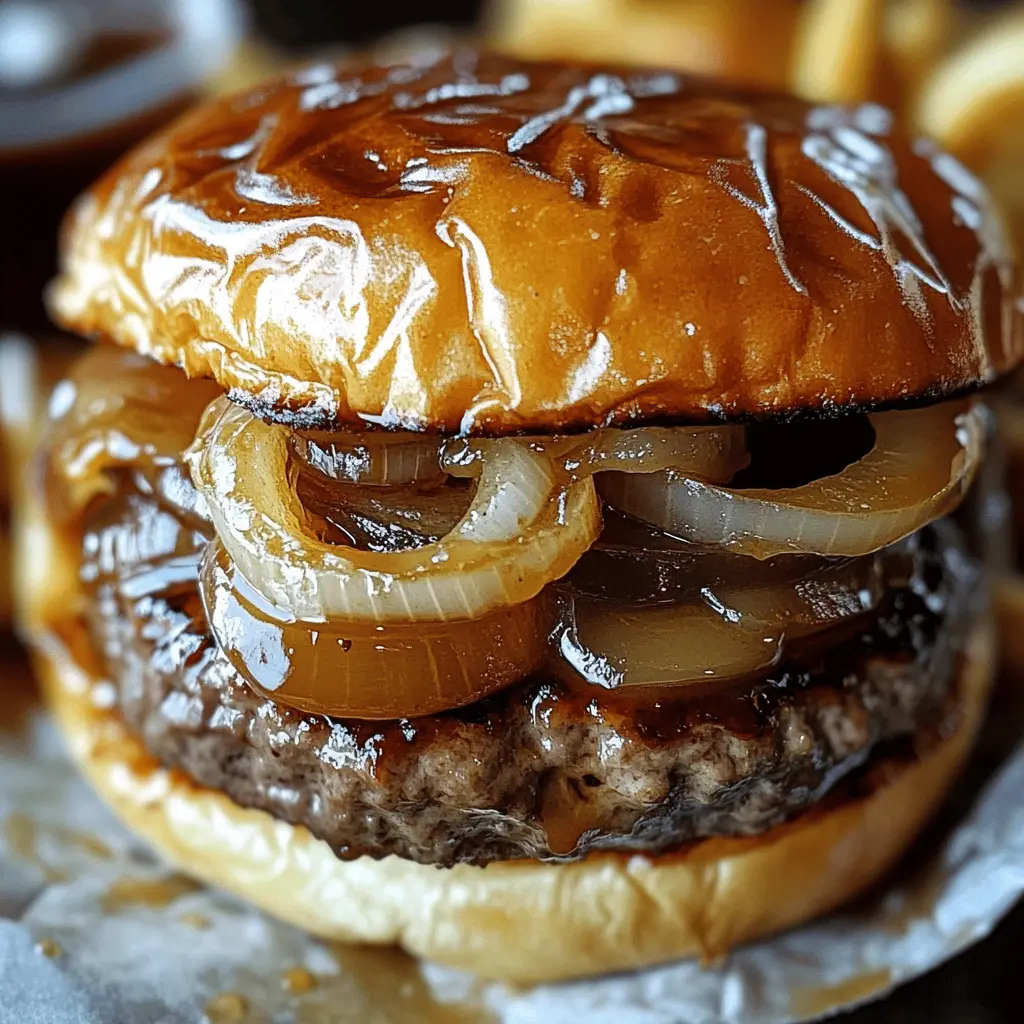 Juicy beef patties topped with gooey, caramelized onions and melty cheese make these French Onion Burgers a must-try! Perfect for backyard barbecues or family dinners, this recipe combines all the best flavors of the classic soup into a hearty burger. Save this pin for an easy and delicious meal the whole family will love! 🍔✨