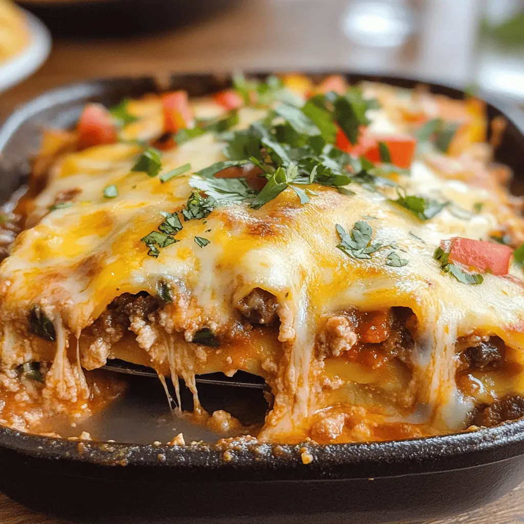 Layered with flavor, this Mexican Lasagna combines tortillas, seasoned ground beef, hearty beans, and zesty salsa, topped with gooey cheese for the ultimate comfort dish. Perfect for family dinners or gatherings, it's a fun twist on traditional lasagna. Save this recipe for your next meal and enjoy a hearty slice of deliciousness!