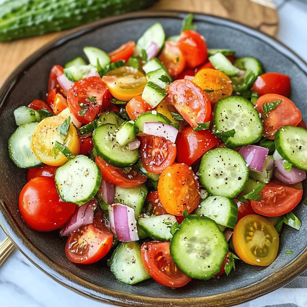 Beat the summer heat with this Refreshing Cucumber Tomato Salad! Packed with crisp cucumbers, juicy tomatoes, and zesty lemon dressing, it’s the perfect side dish for barbecues or picnics. Whether you're hosting friends or just treating yourself, this vibrant salad is a must-try! Save this recipe to whip up a cool and healthy dish anytime!