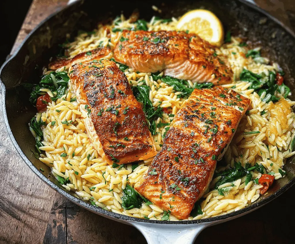 Easy One Skillet Salmon with Lemon Orzo