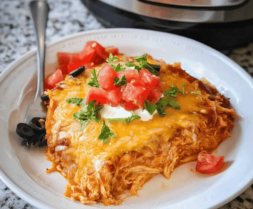 Easy Hearty Crockpot Chicken Enchilada Casserole