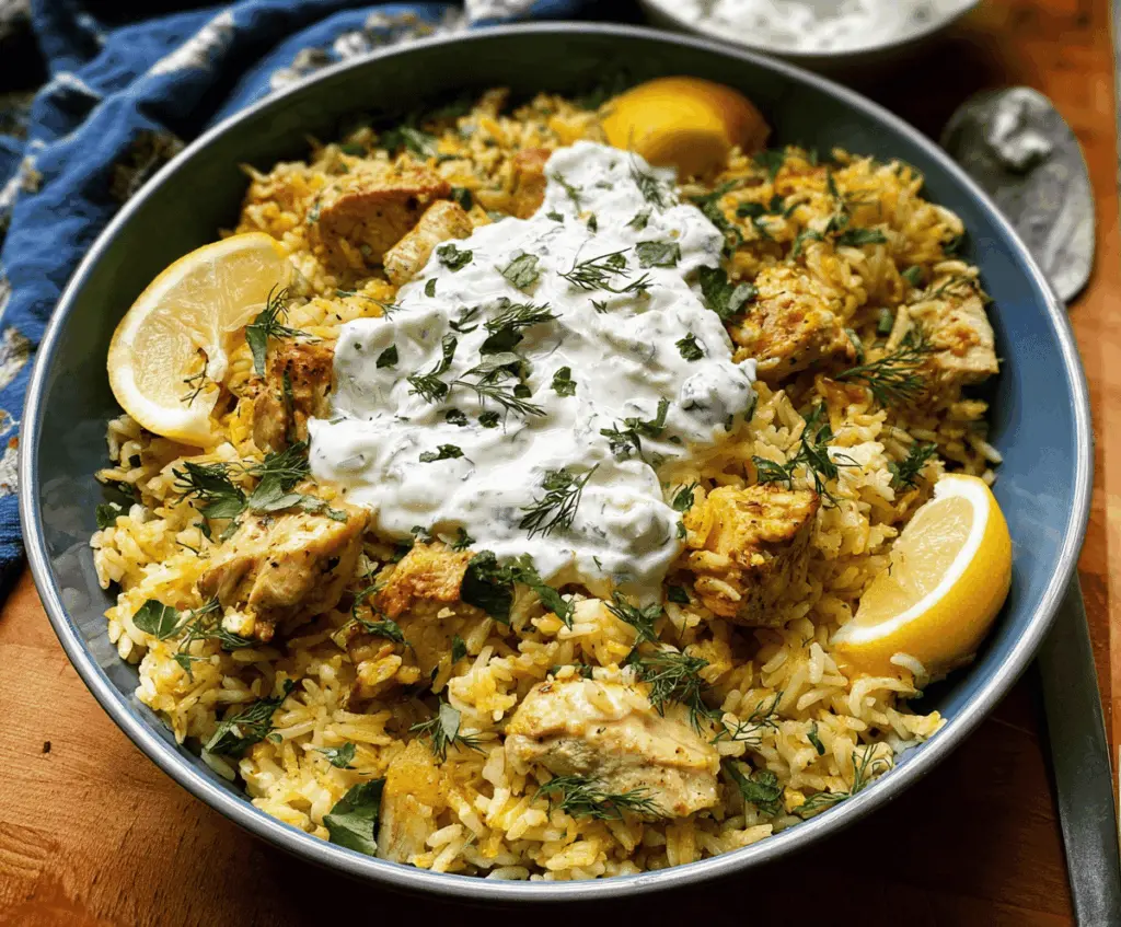 Easy Dump and Bake Chicken with Tzatziki Rice