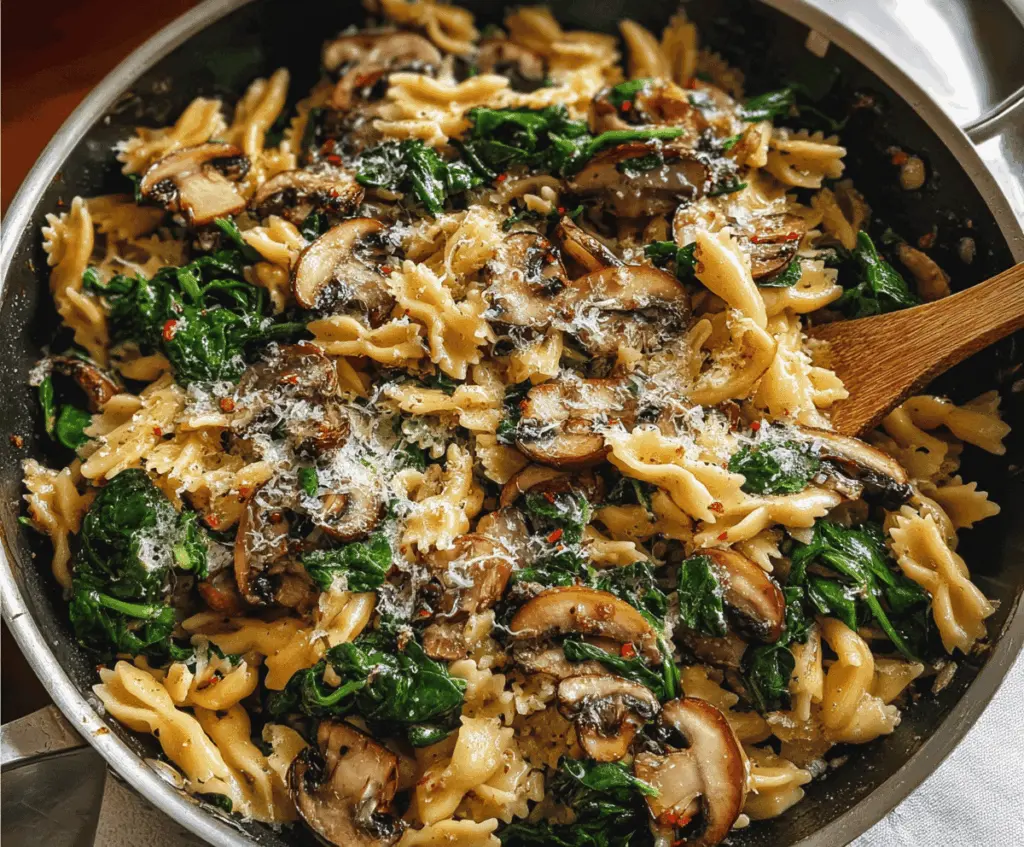 Cheesy Parmesan Spinach Mushroom Pasta Skillet