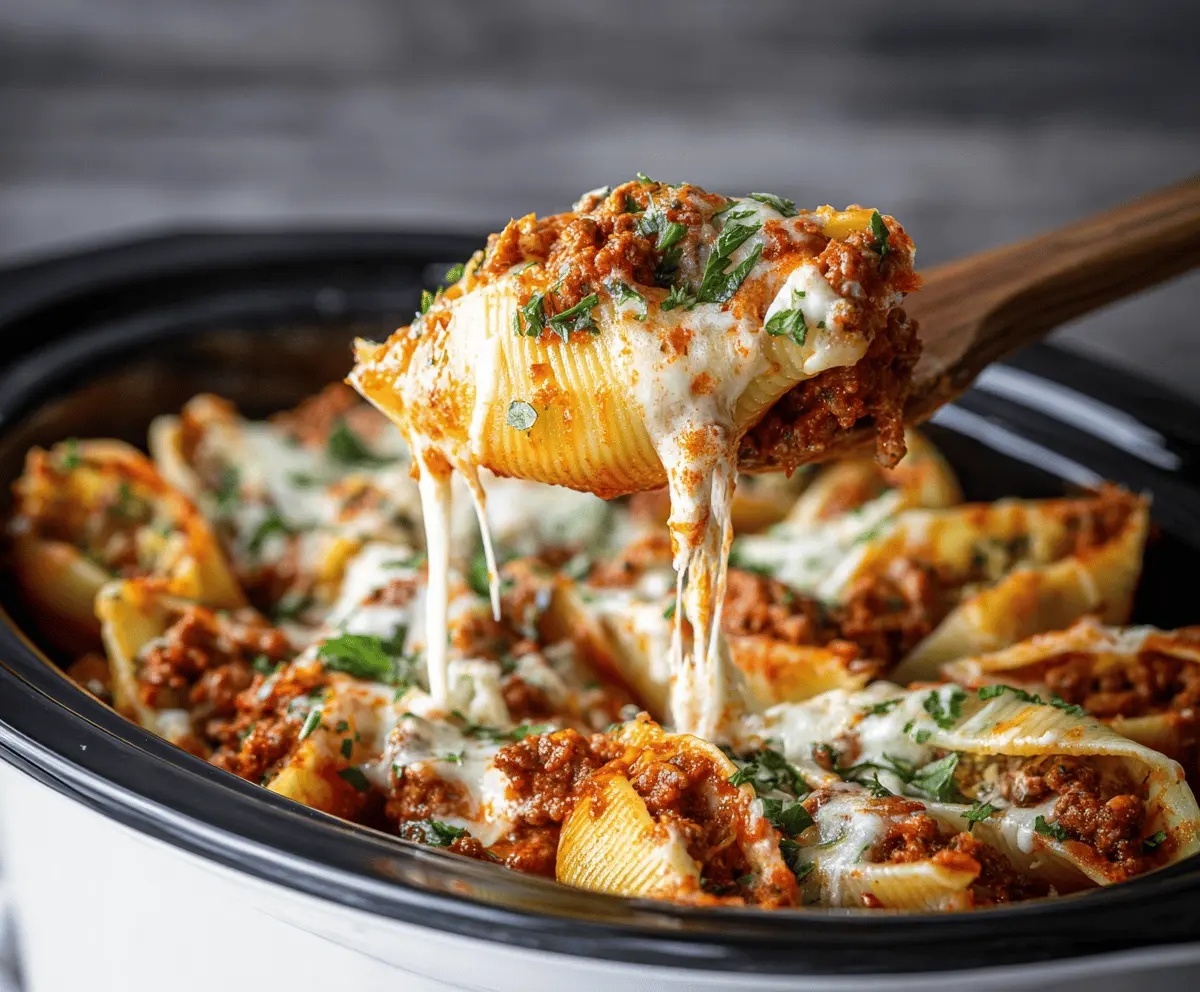 Easy Slow Cooker Stuffed Shells with Meat Sauce