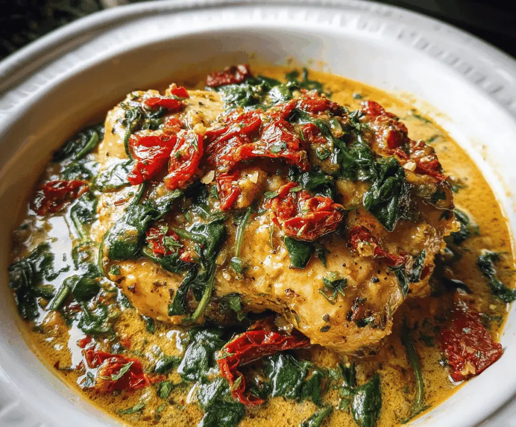 Easy Crockpot Tuscan Garlic Chicken with Spinach and Tomatoes