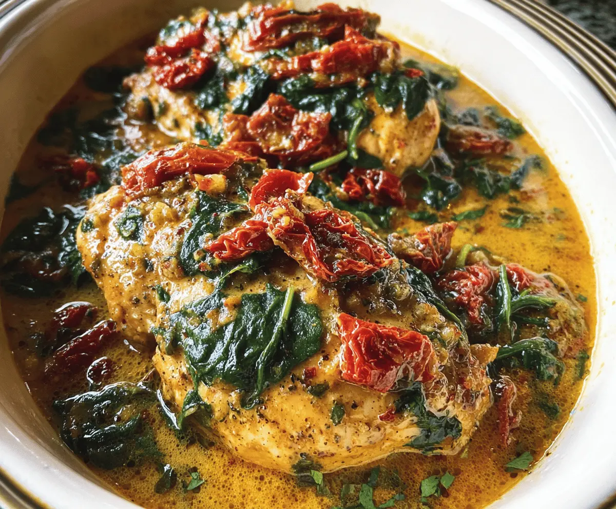 Easy Crockpot Tuscan Garlic Chicken with Spinach and Tomatoes