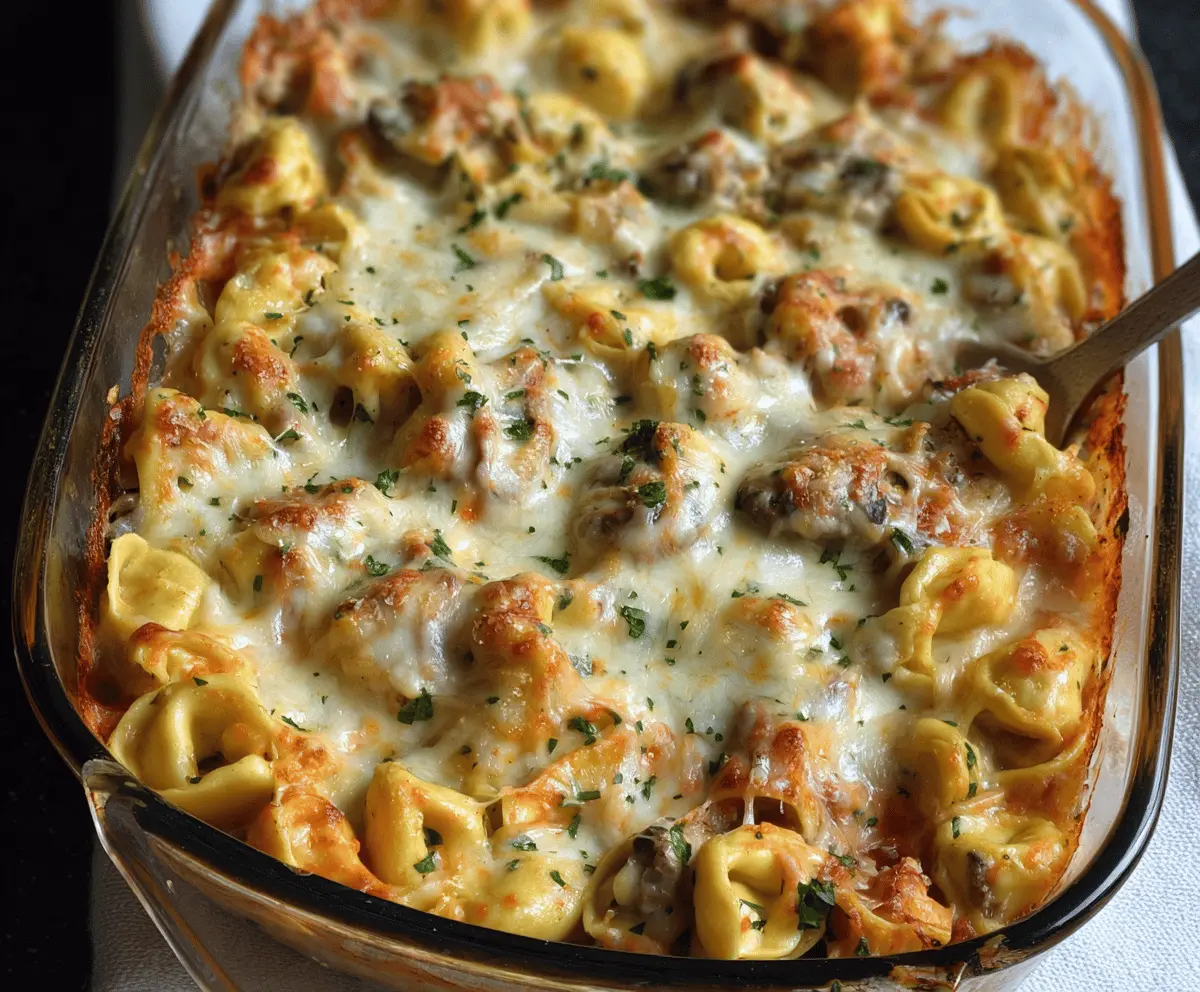 Creamy Alfredo Tortellini Bake topped with melted cheese and fresh herbs in a casserole dish, ready to serve