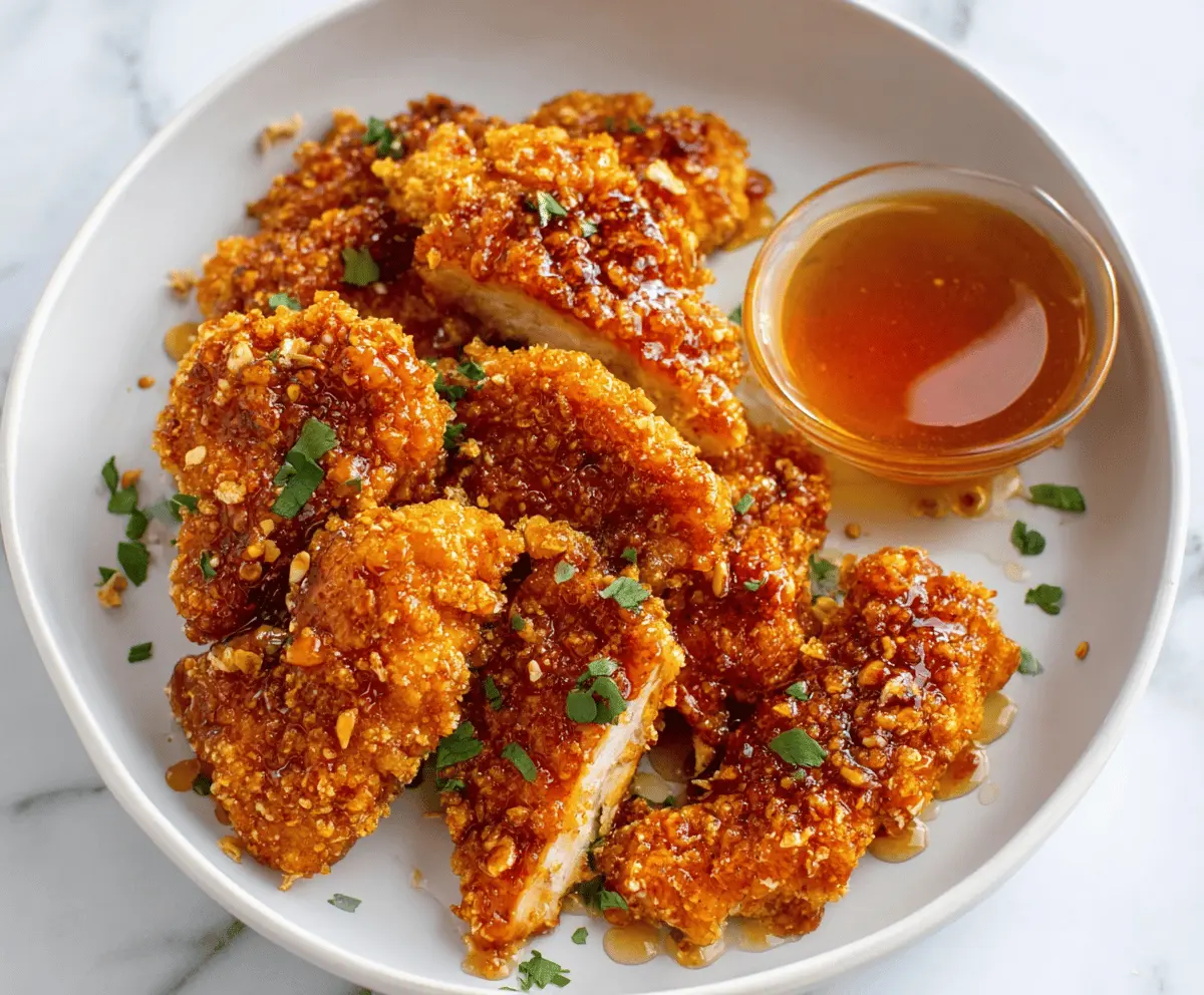 Delicious baked crunchy hot honey chicken served on a plate with a side of fresh vegetables, featuring golden crispy coating and drizzled hot honey glaze.