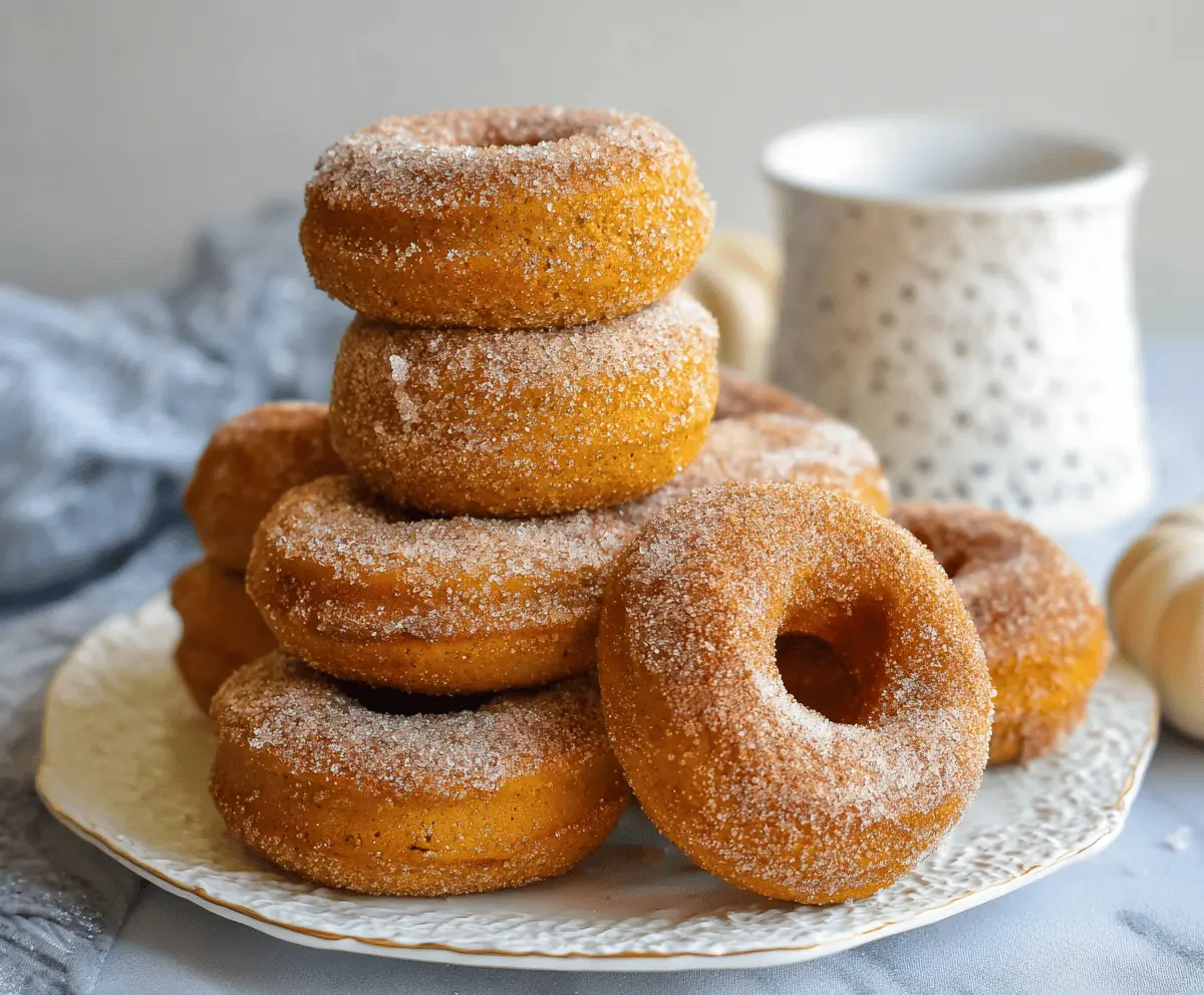 Freshly baked pumpkin donuts with a cinnamon sugar coating on a rustic plate, perfect for fall treats.