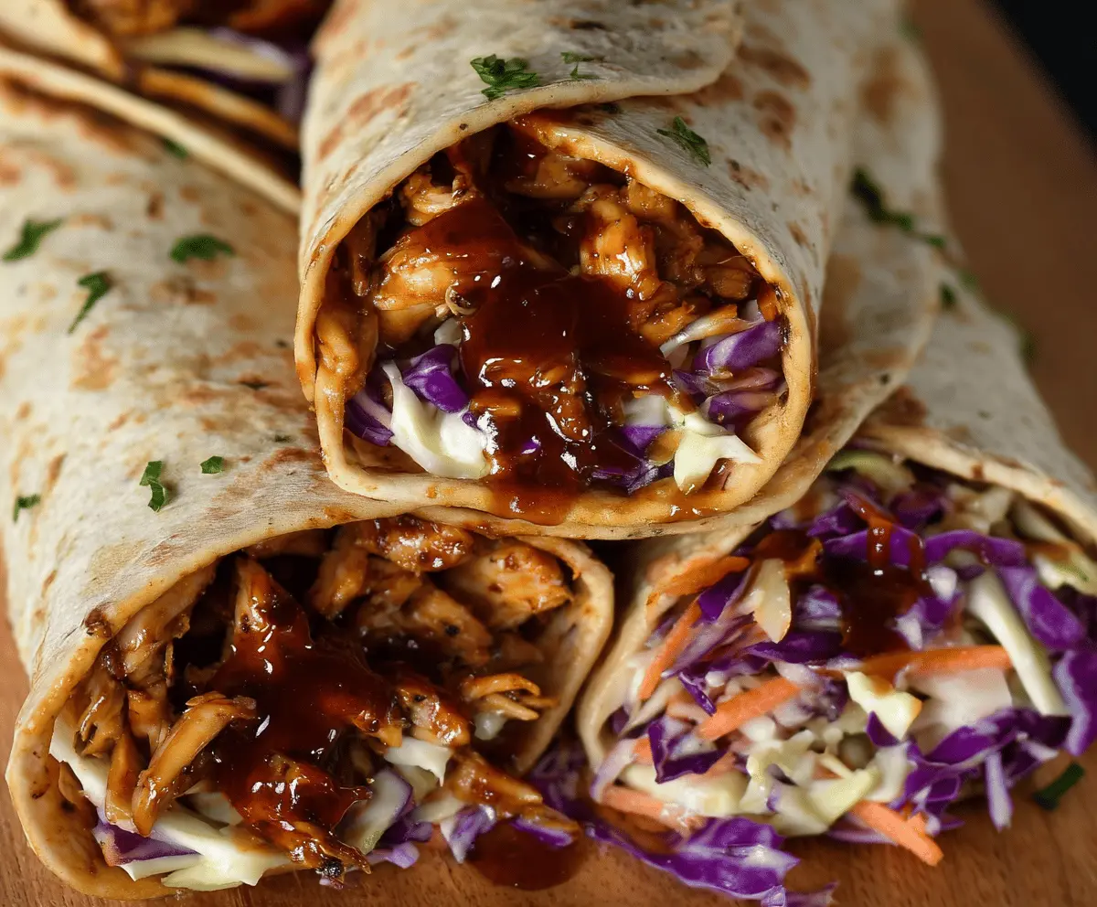 Delicious BBQ Chicken Coleslaw Wraps with grilled chicken, crunchy coleslaw, and smoky barbecue sauce in a soft wrap sandwich