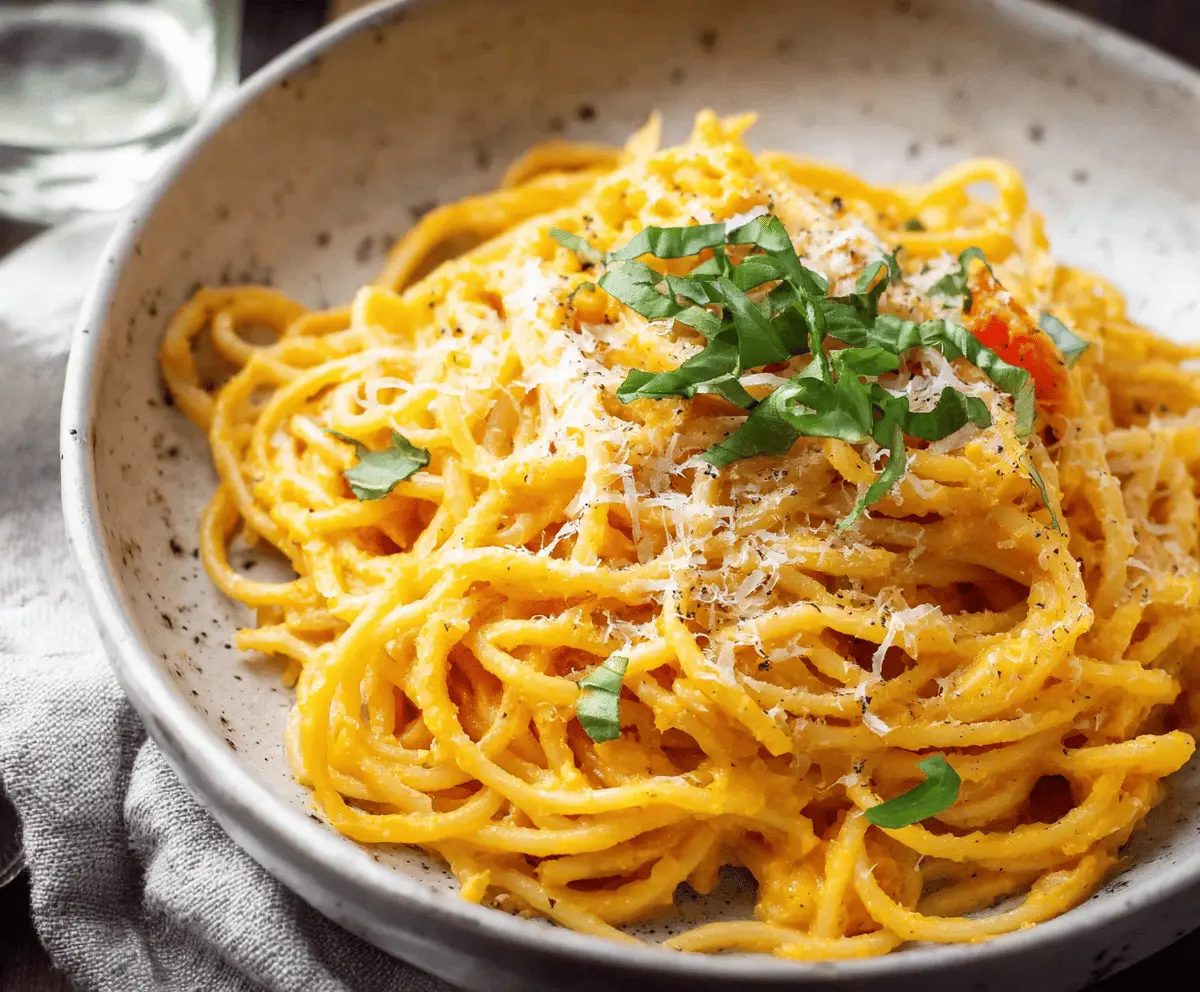 Creamy butternut squash pasta sauce served over spaghetti, garnished with fresh herbs for a delicious, healthy meal.