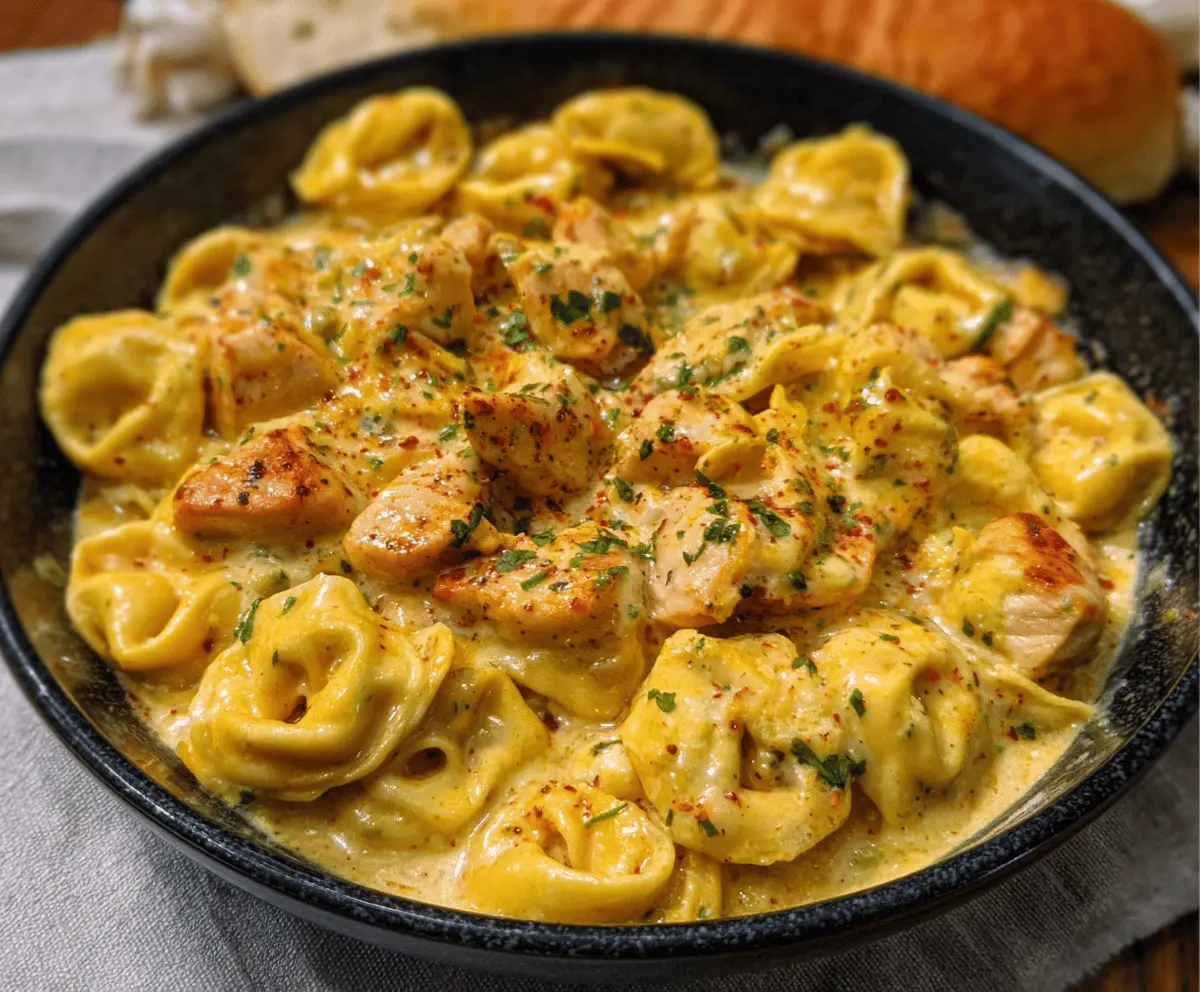 Delicious Cajun Garlic Chicken Tortellini in creamy three-cheese sauce served on a plate