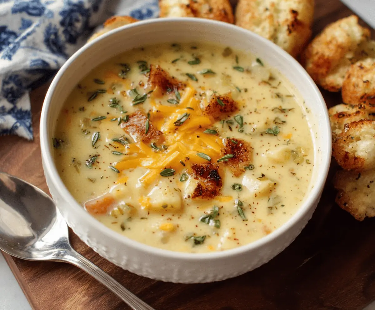 Creamy Cheddar Garlic Herb Potato Soup in a bowl garnished with fresh herbs and shredded cheese