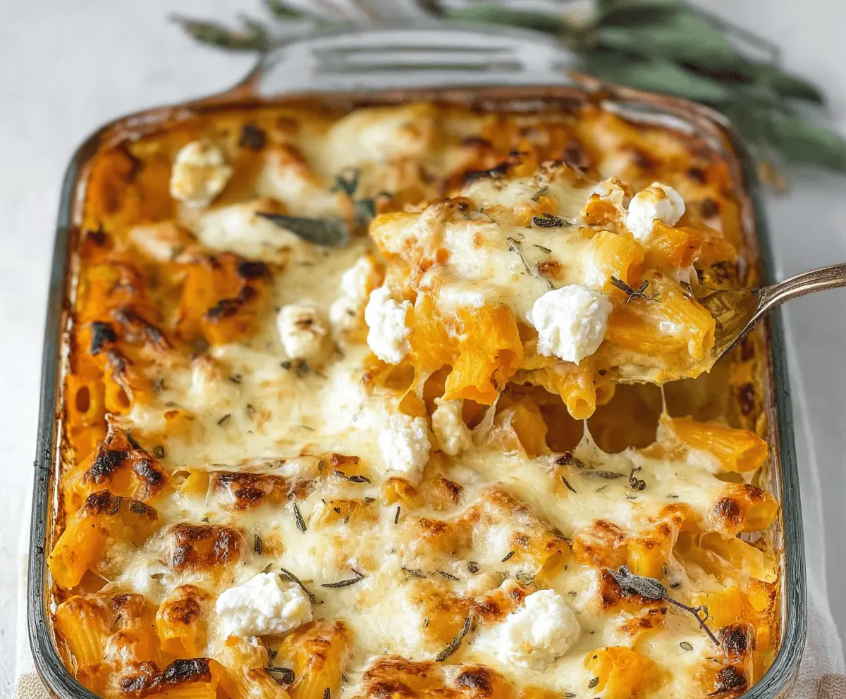 Creamy cheesy pumpkin ricotta pasta bake topped with melted cheese and fresh herbs, ready to serve