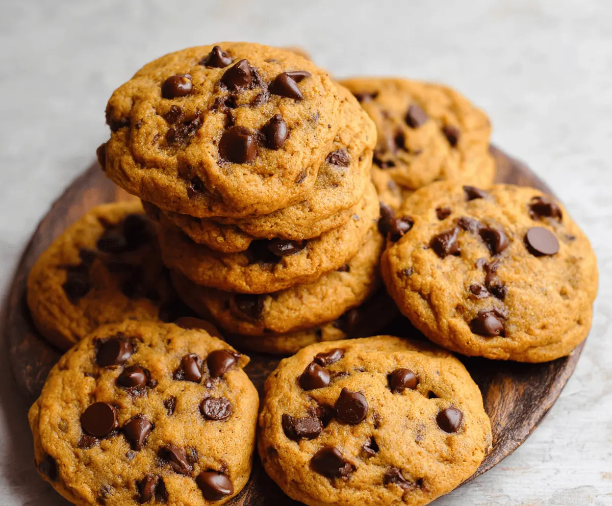 Delicious chewy pumpkin chocolate chip cookies on a baking sheet with chocolate chunks and pumpkin puree, perfect for fall treats