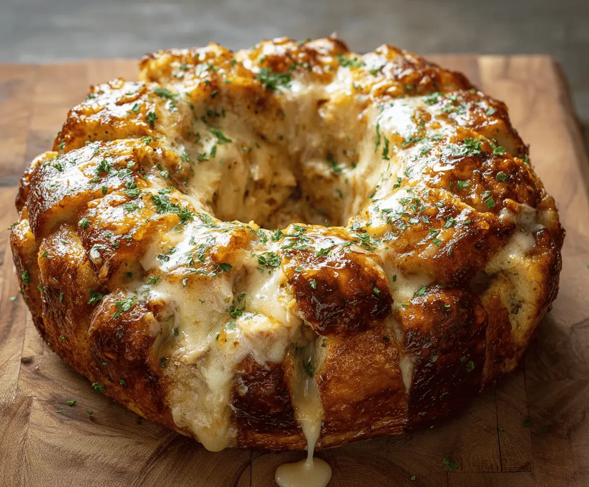 Delicious Chicken Alfredo Monkey Bread topped with melted cheese and herbs, perfect for a savory appetizer or main course.
