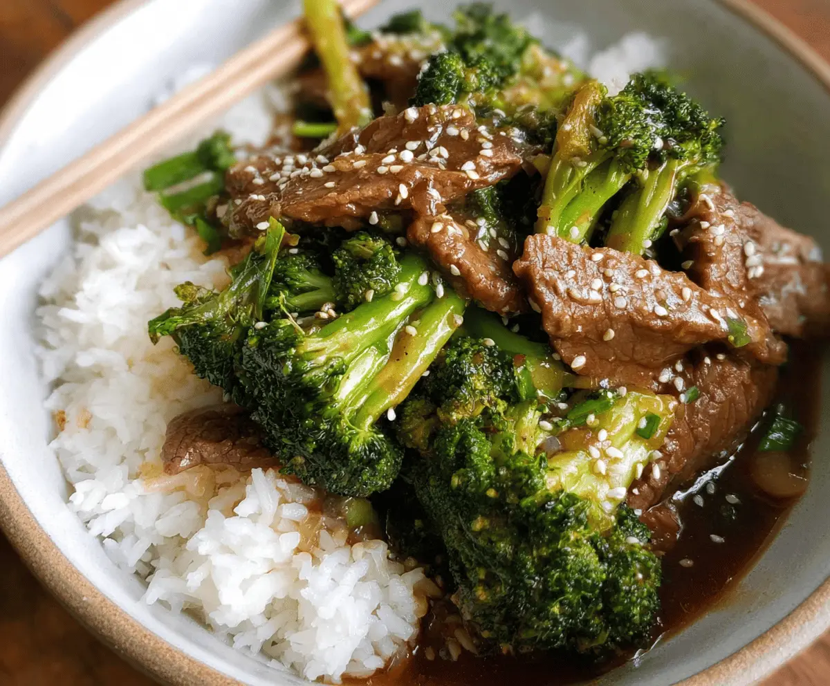 Delicious Chinese Beef and Broccoli stir-fry served on a white plate with sliced beef, fresh broccoli, and savory sauce, perfect for a quick Asian-inspired meal.