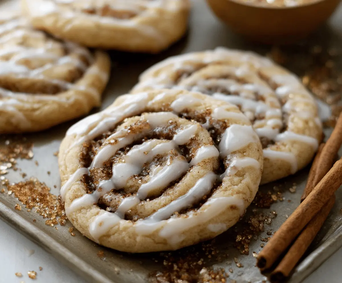 Delicious cinnamon roll sugar cookies topped with creamy glaze and cinnamon swirls, perfect for a sweet treat.