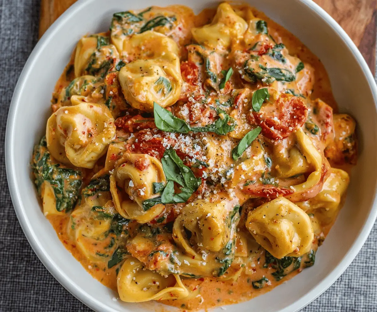 Creamy spinach and tomato tortellini served in a bowl with fresh basil garnish, highlighting a delicious Italian pasta dish