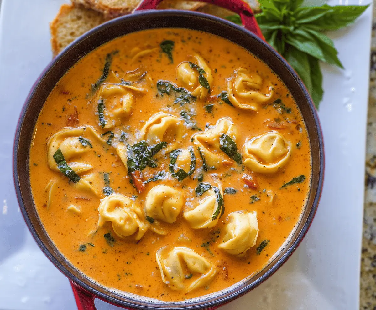 Creamy tomato basil tortellini soup in a bowl topped with fresh basil leaves and grated cheese, showcasing a rich and flavorful Italian-inspired dish.