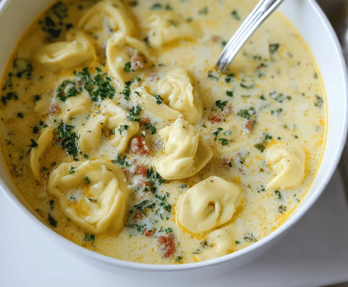 A bowl of creamy tortellini soup garnished with fresh herbs, showcasing cheesy tortellini pasta in a rich, flavorful broth.
