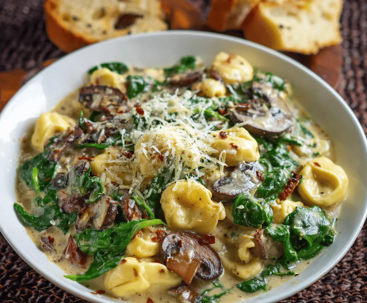 Creamy tortellini pasta with fresh spinach and sautéed mushrooms served on a white plate, garnished with grated Parmesan cheese