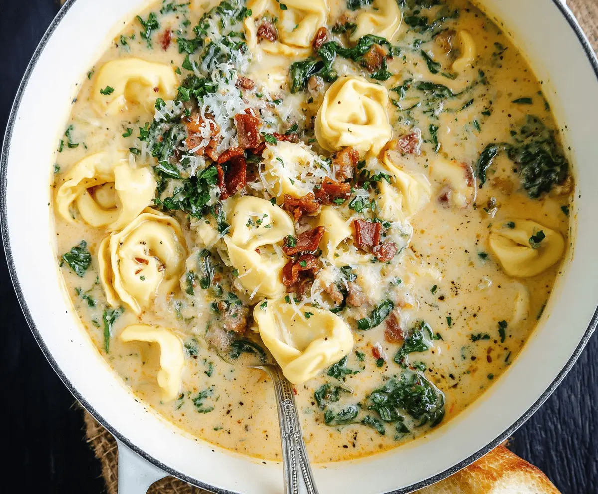 Creamy Tuscan Garlic Tortellini Soup in a bowl with fresh basil and grated Parmesan cheese on top, showcasing a rich and flavorful Italian-inspired dish