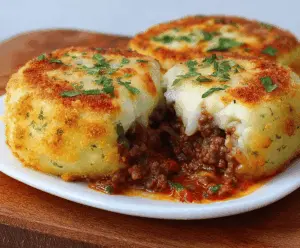 Delicious crispy mashed potatoes stuffed with melted cheese and seasoned beef, served as a savory comfort food dish.