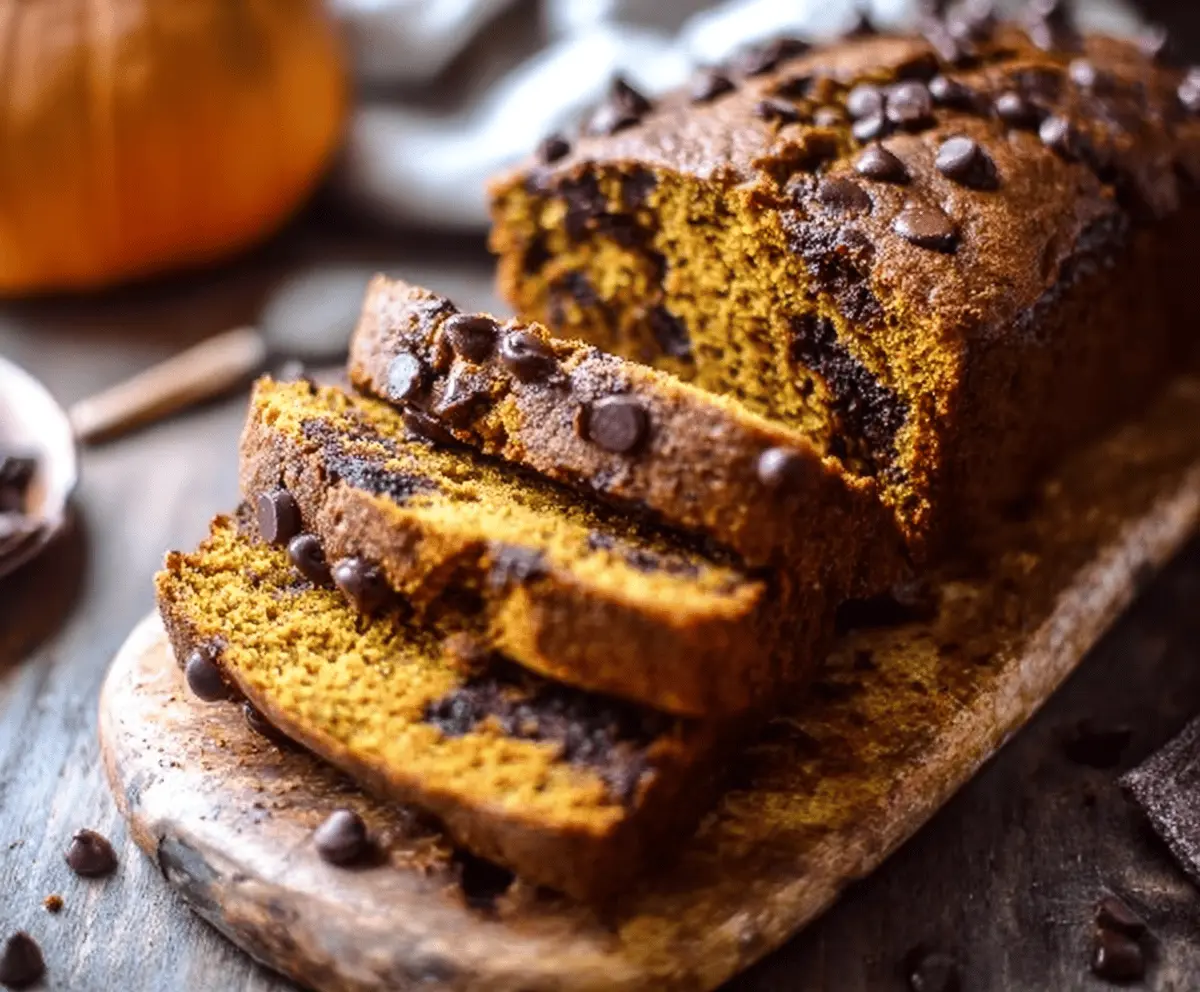 Decadent pumpkin bread topped with chocolate chips, showcasing moist texture and rich fall flavors