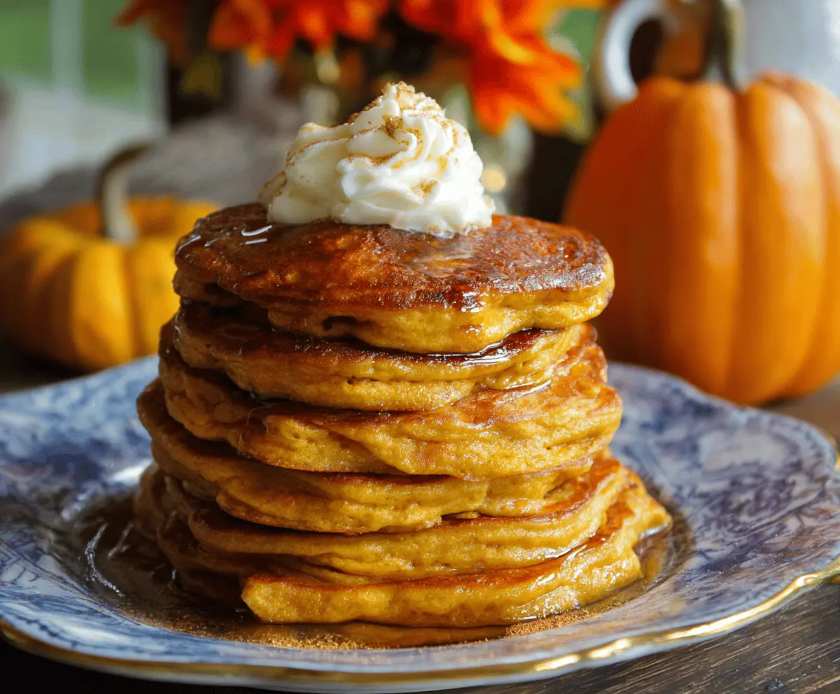 Delicious Gilmore Girls Pumpkin Pancakes topped with whipped cream and cinnamon, served on a plate with a fork, perfect for fall breakfast.
