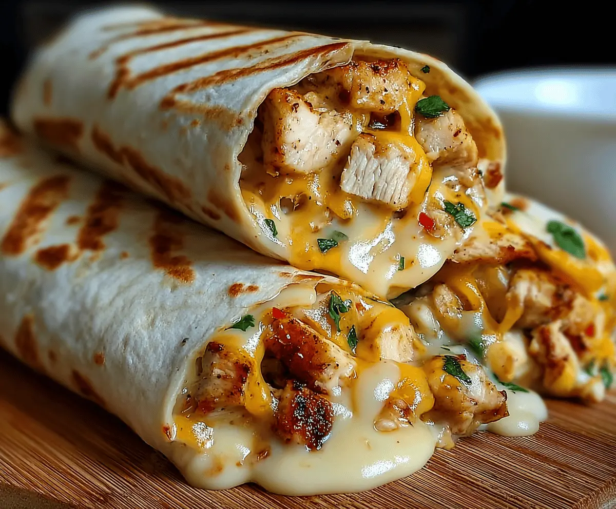 Delicious Ooey-Gooey Cheesy Garlic Chicken Wraps with melted cheese, crispy garlic-seasoned chicken, and fresh wrap, perfect for a flavorful meal.