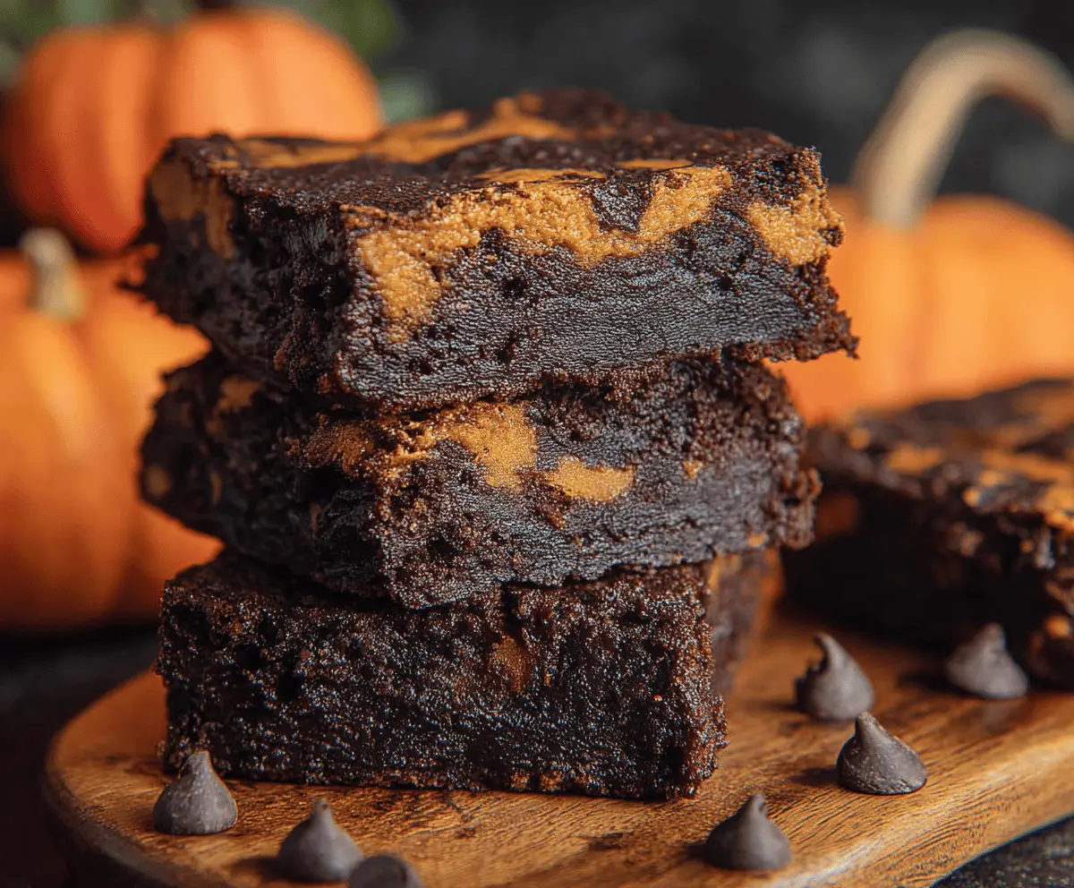 Delicious homemade pumpkin brownies with a rich chocolate topping, perfect for fall desserts.