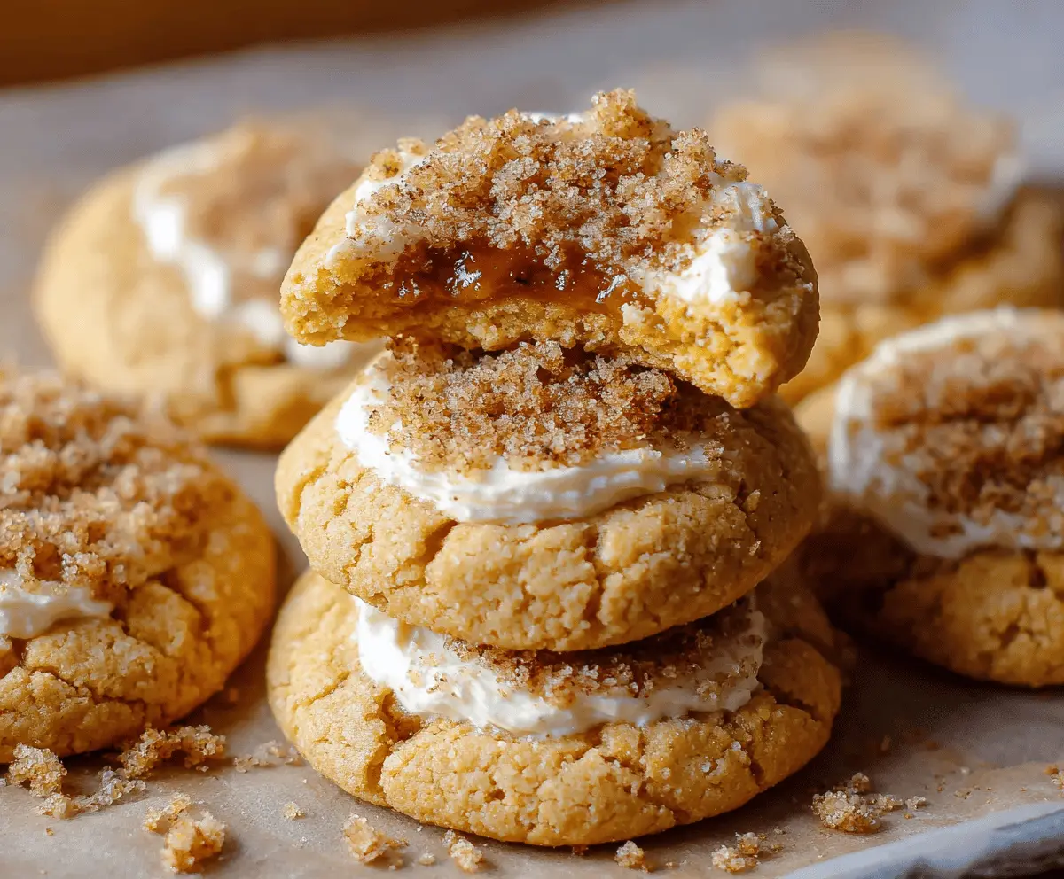 Delicious pumpkin cheesecake cookies with creamy filling and cinnamon-spiced cookie base, perfect for fall desserts.