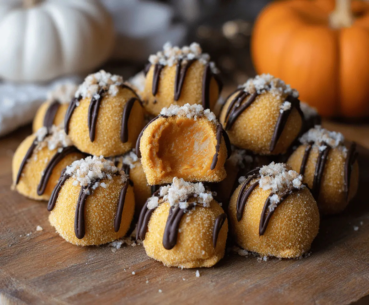 Creamy pumpkin cheesecake truffles coated in chocolate, perfect for fall desserts and holiday treats.
