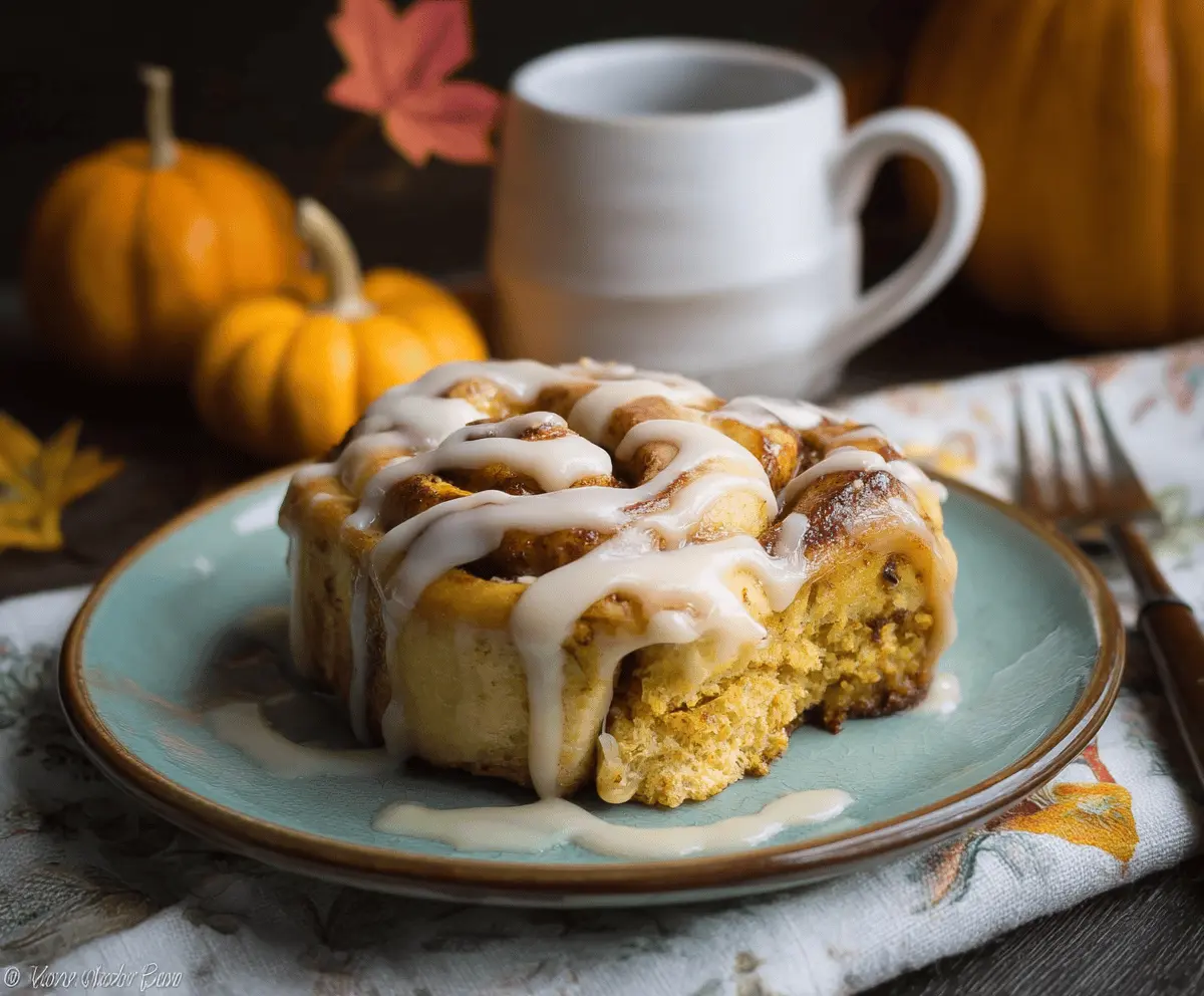 Pumpkin cinnamon rolls topped with coffee maple frosting on a plate, garnished with a cinnamon stick and powdered sugar, perfect for fall breakfast or dessert.