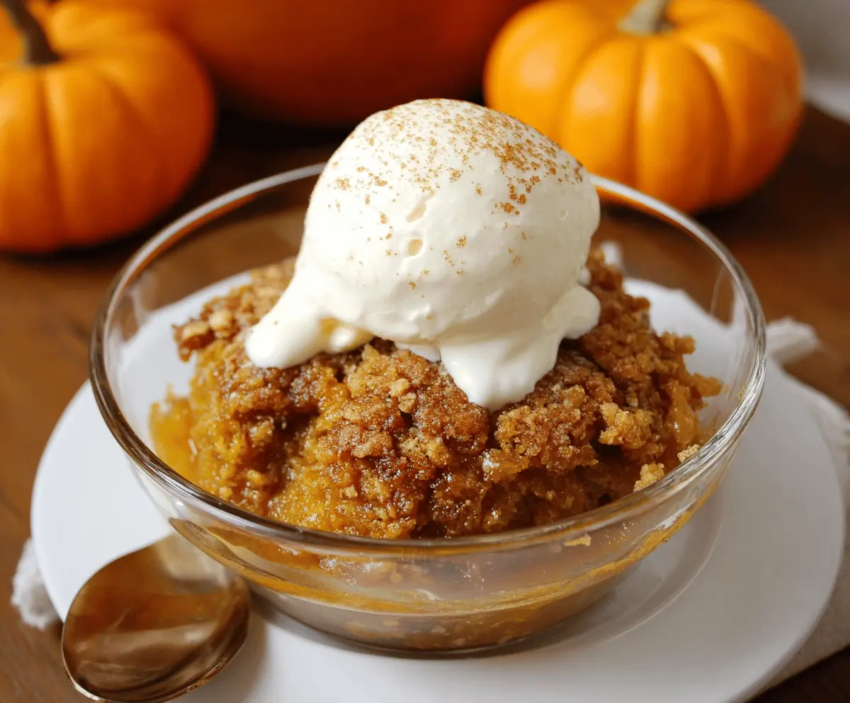 Delicious homemade pumpkin cobbler topped with golden-brown crust, served with a scoop of vanilla ice cream on a rustic plate