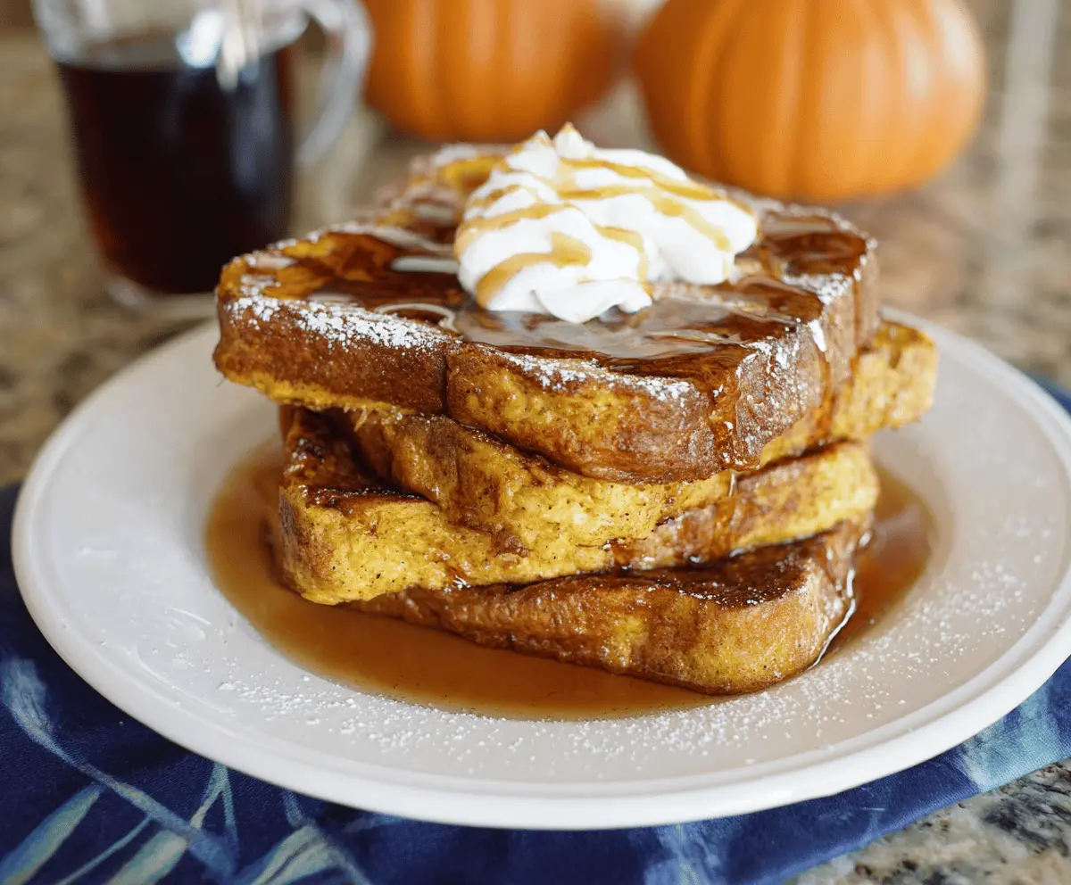 Delicious pumpkin French toast topped with whipped cream and cinnamon, served with maple syrup on a fall-themed plate.