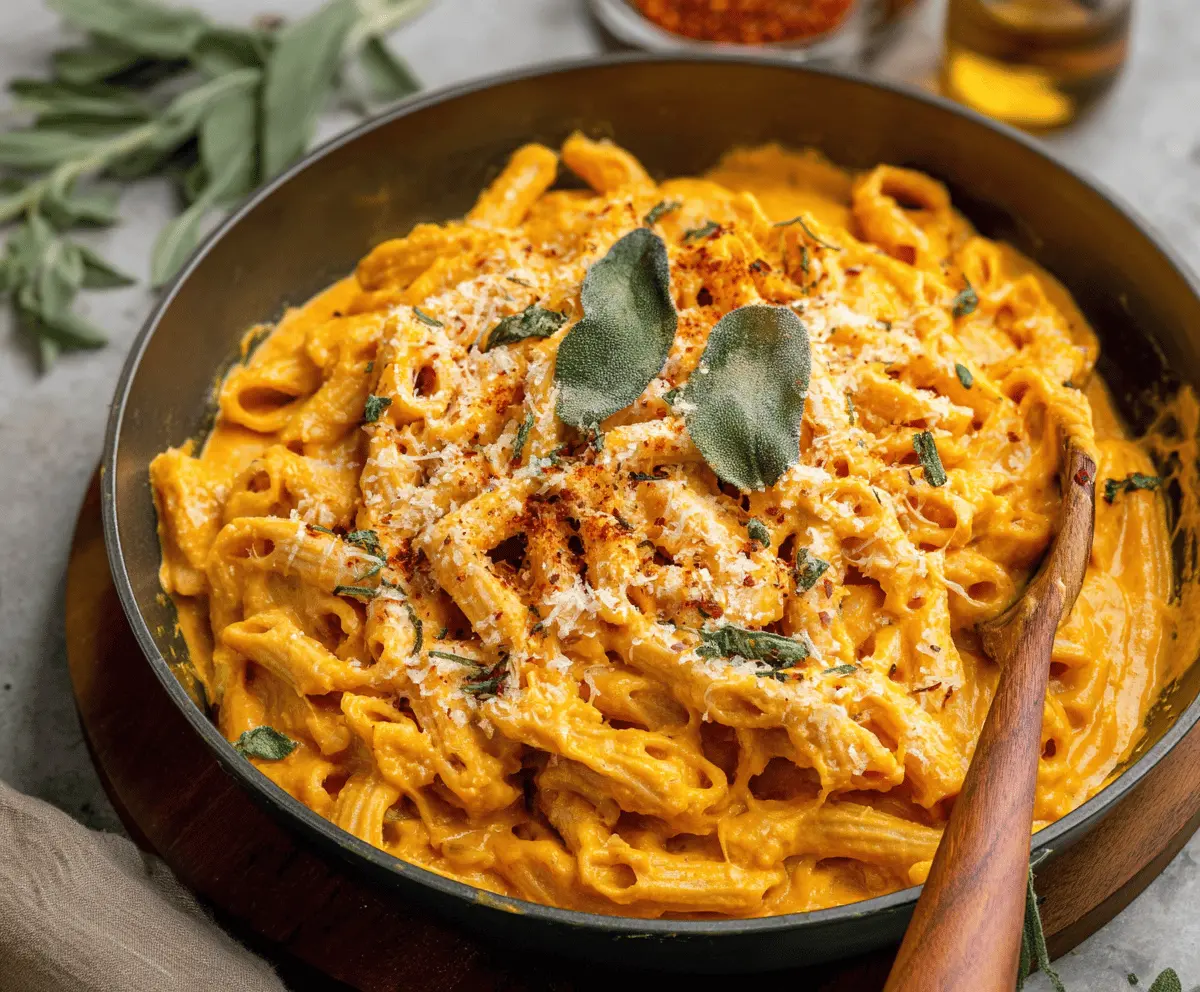 Creamy pumpkin pasta sauce in a bowl with fresh herbs and grated cheese, perfect for fall-inspired meals.