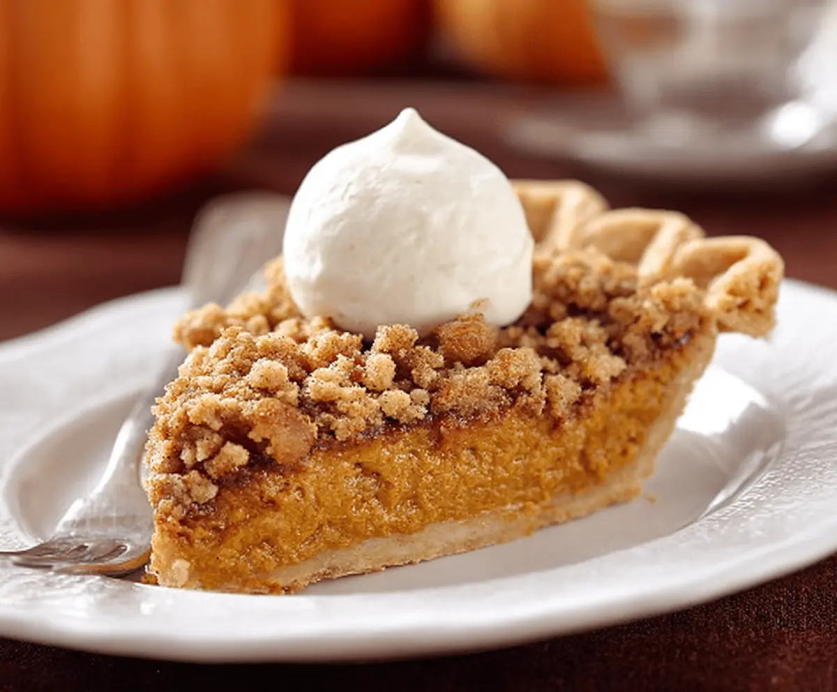 Delicious pumpkin pie crisp topped with cinnamon streusel, served with whipped cream on a festive plate