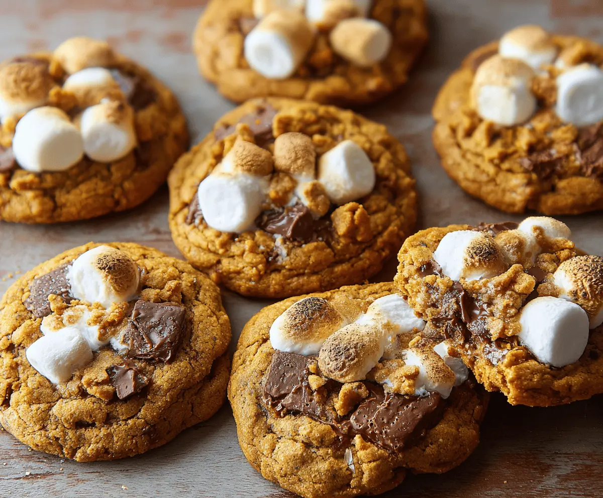 Delicious Pumpkin S'mores Cookies with melted chocolate, toasted marshmallows, and pumpkin spice on a plate