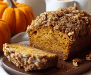 Homemade Pumpkin Streusel Bread topped with a crumbly streusel, sliced to reveal a moist, flavorful pumpkin loaf perfect for fall baking