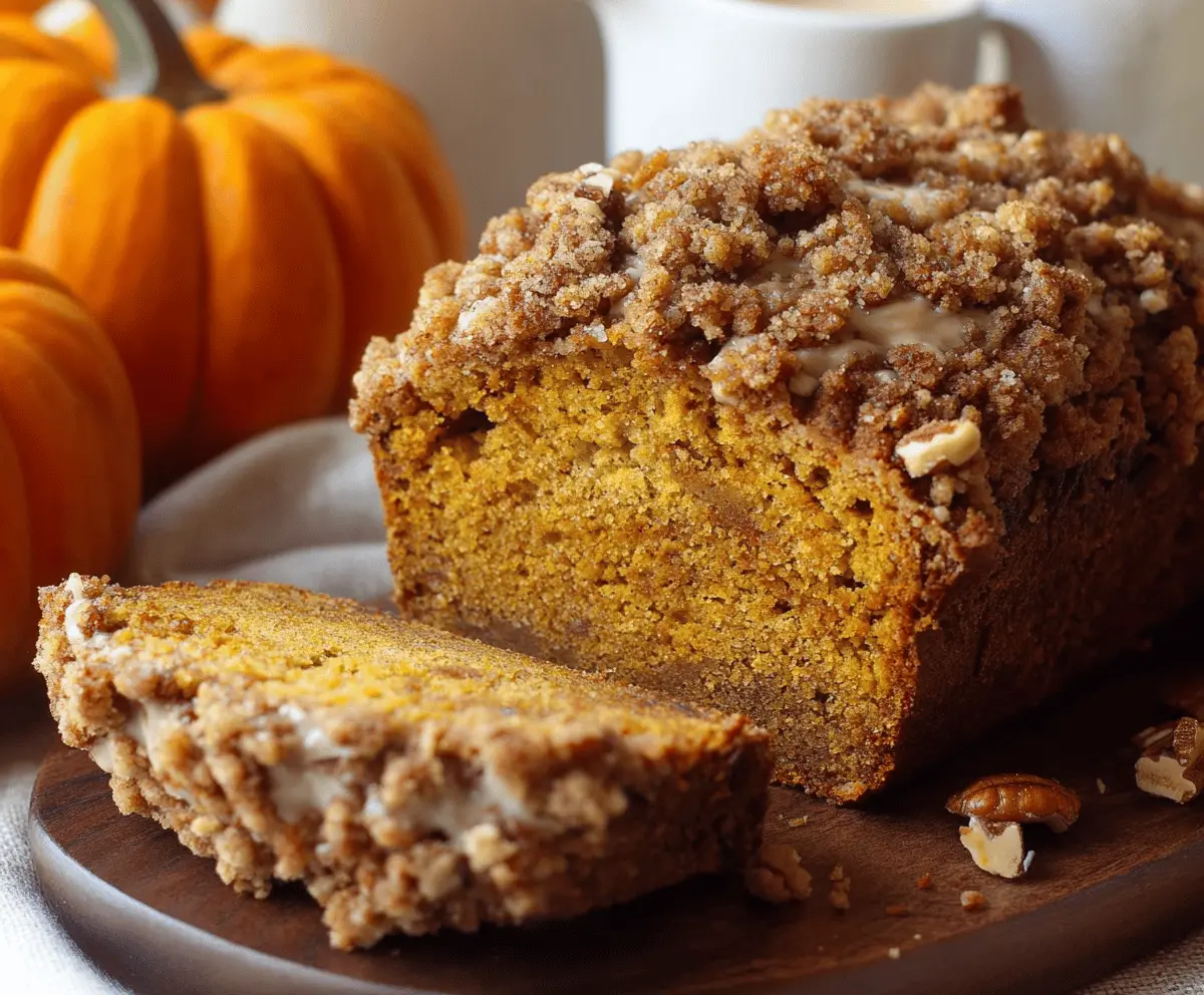 Homemade Pumpkin Streusel Bread topped with a crumbly streusel, sliced to reveal a moist, flavorful pumpkin loaf perfect for fall baking