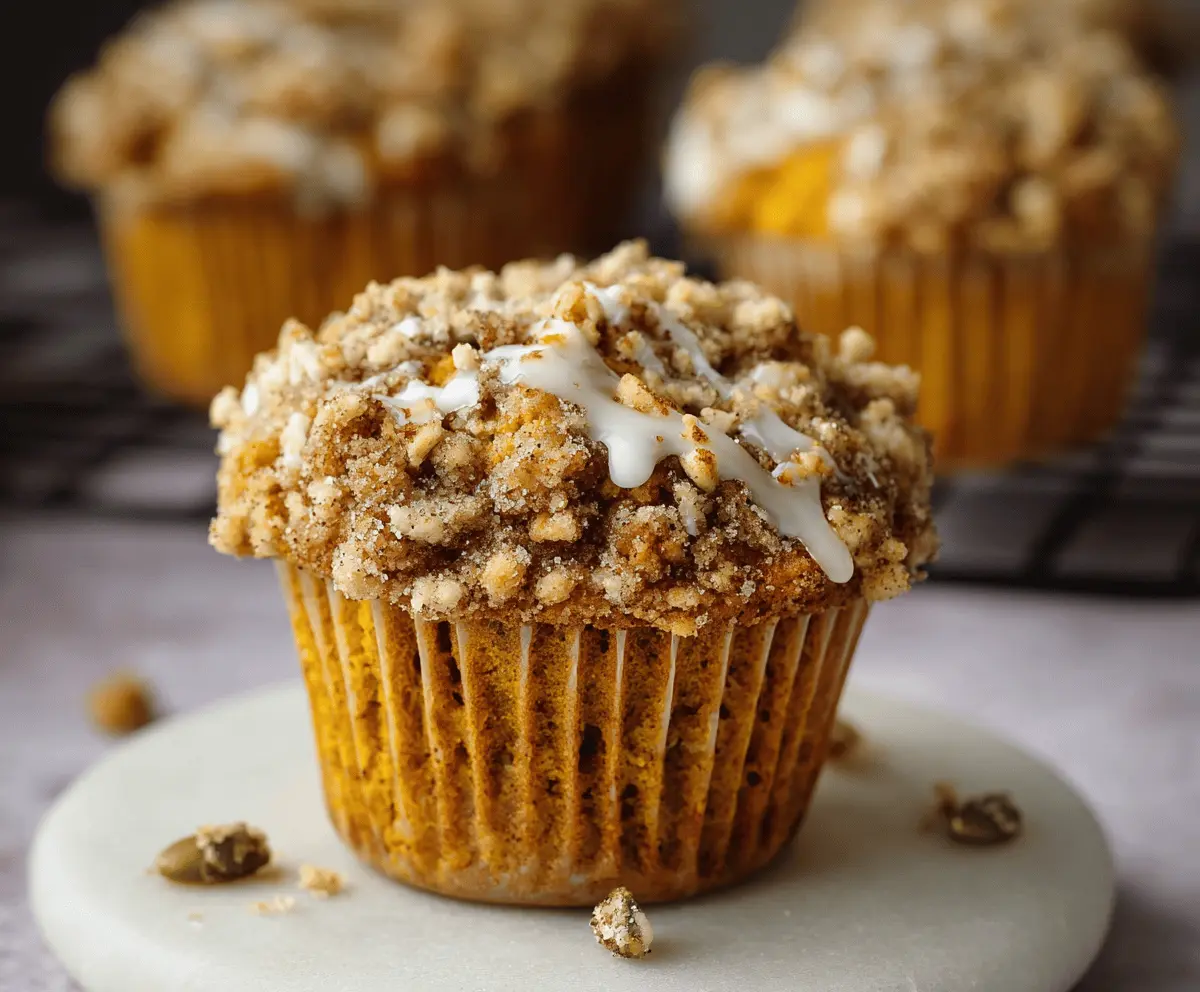 Golden pumpkin streusel muffins topped with crunchy streusel crumb and fresh pumpkin pieces, perfect for fall breakfast or snack