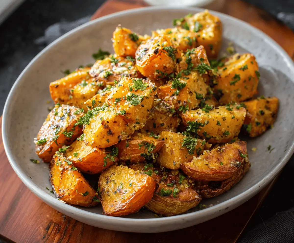 Golden roasted sweet potatoes topped with garlic and Parmesan cheese, served as a flavorful and healthy side dish