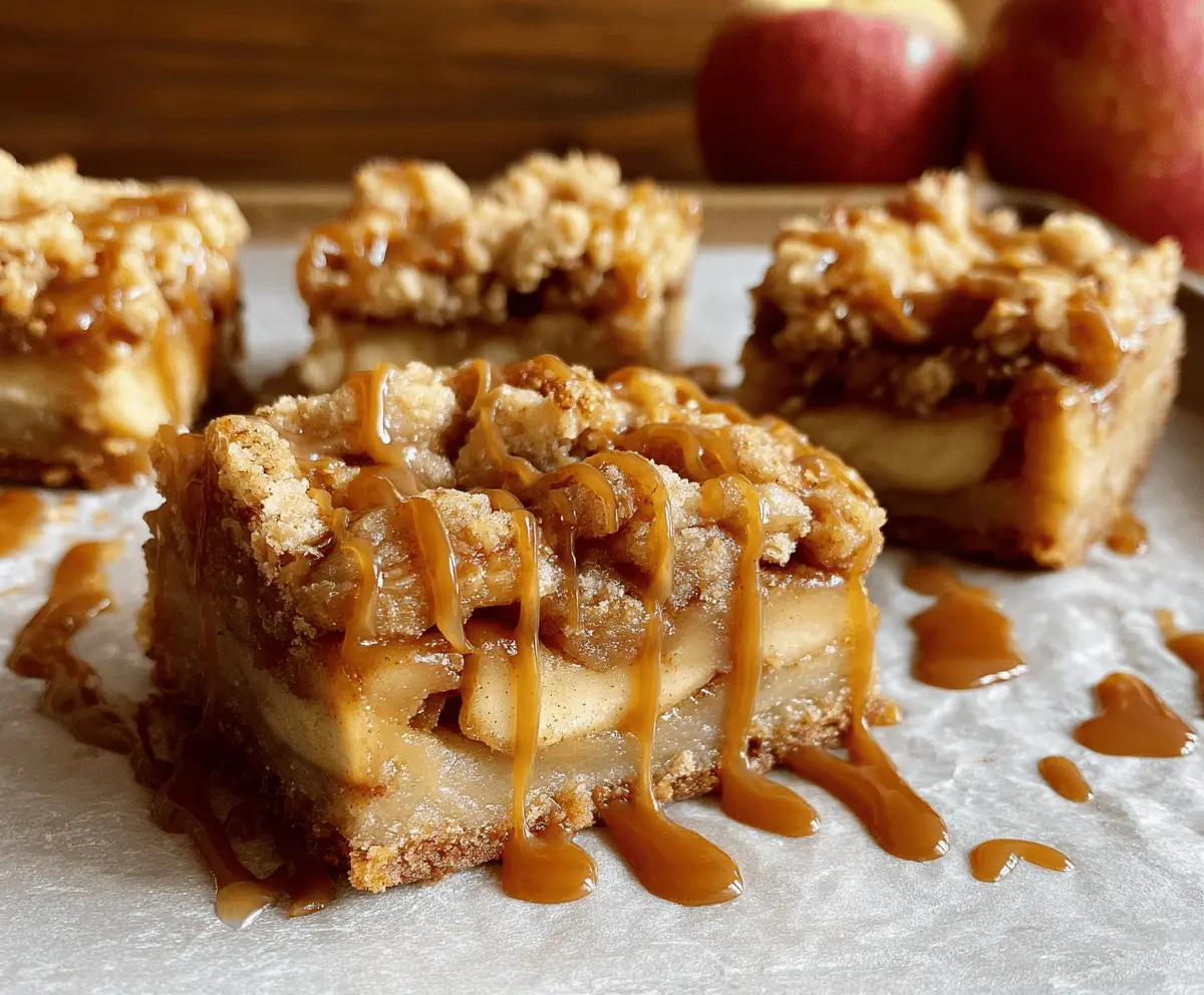Delicious salted caramel apple bars with a golden crust, caramel drizzle, and fresh apple slices on top, perfect for fall desserts.