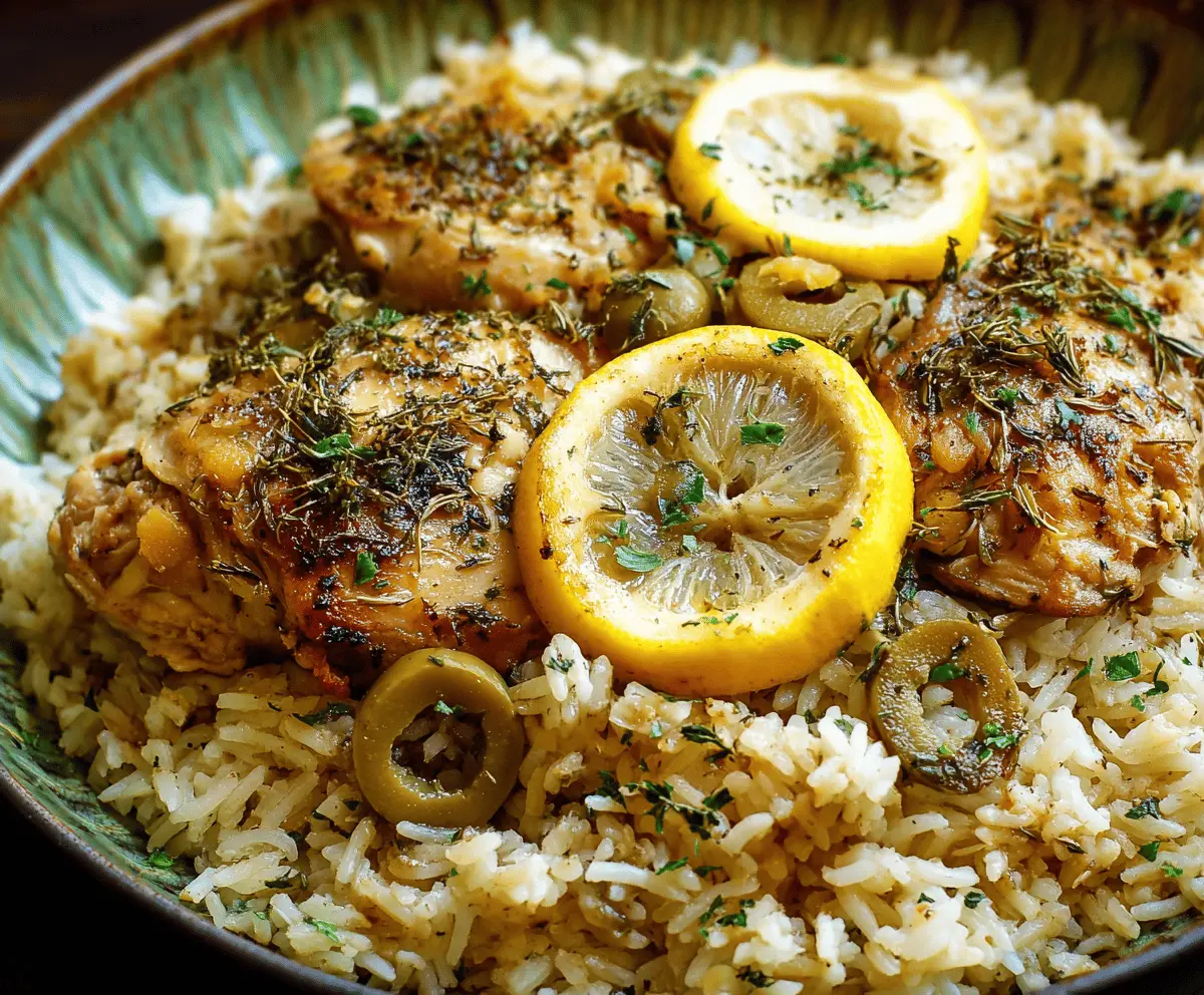 Delicious slow cooker lemon herb chicken served with flavorful rice, garnished with fresh herbs in a cozy kitchen setting