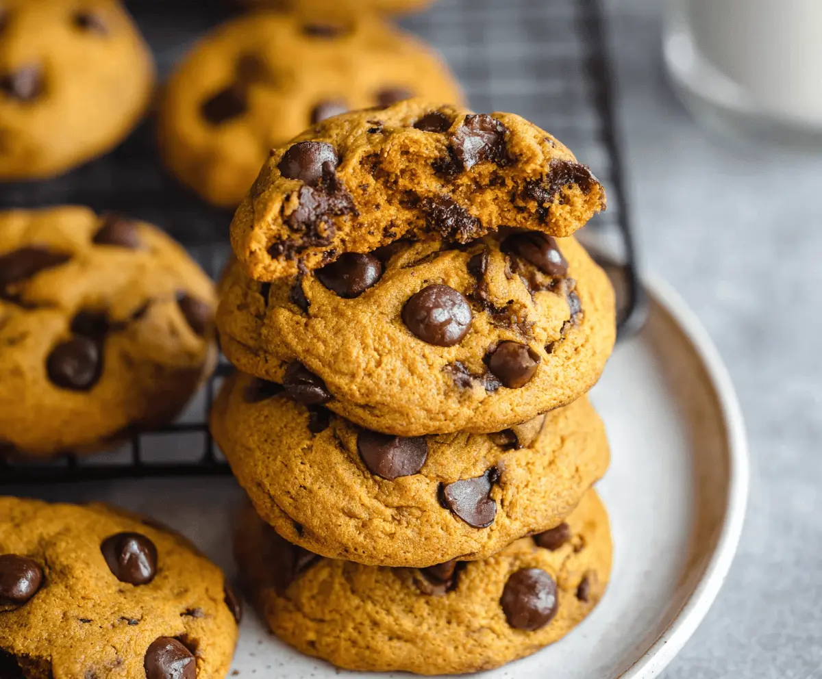 Delicious soft and gooey pumpkin chocolate chip cookies fresh out of the oven with melty chocolate chips and a warm pumpkin flavor