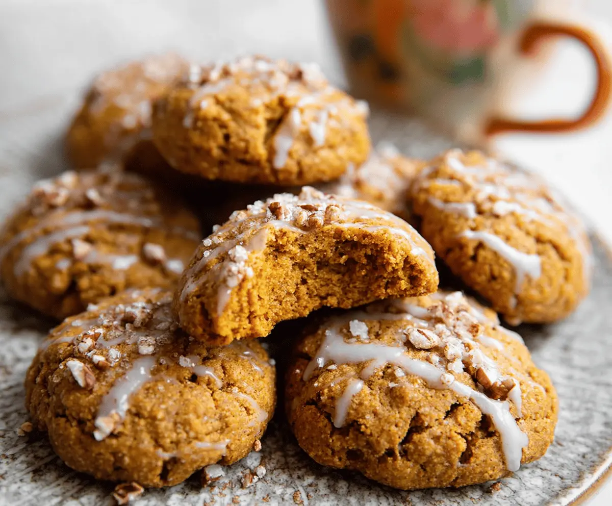 Delicious soft pumpkin pie cookies with cinnamon and nutmeg, topped with whipped cream, perfect for fall desserts.