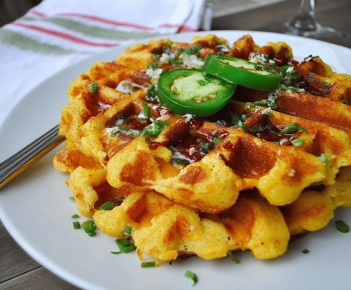Delicious spicy cheddar jalapeño cornbread waffles topped with melted cheese and fresh jalapeño slices, perfect for a flavorful breakfast or brunch.